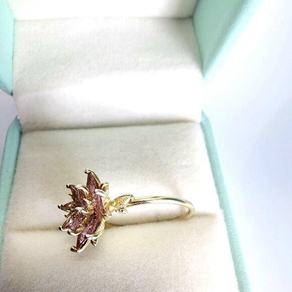 Gold-plated Sterling Silver Lotus Flower Pink Quartz US SZ 7 - Picture 3 of 8